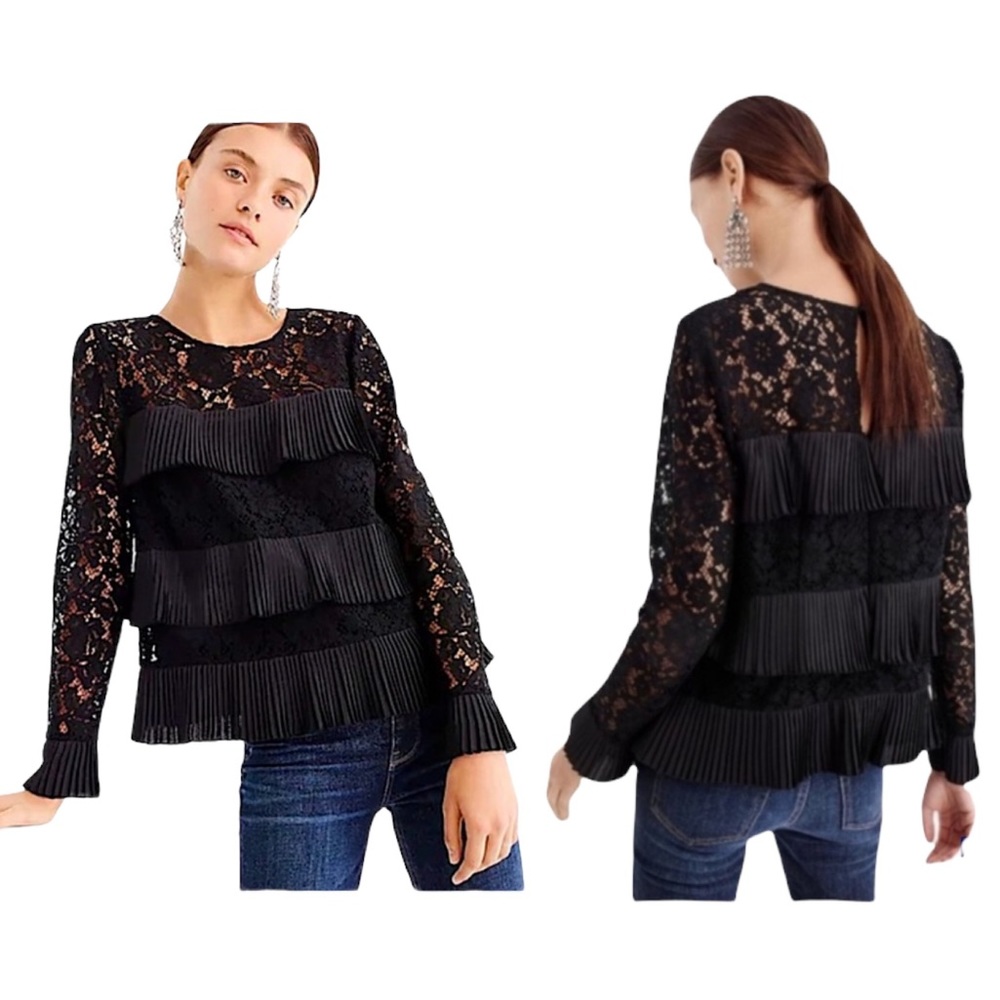 J CREW chic black tiered pleated lace top size 2 like new - Picture 2 of 13